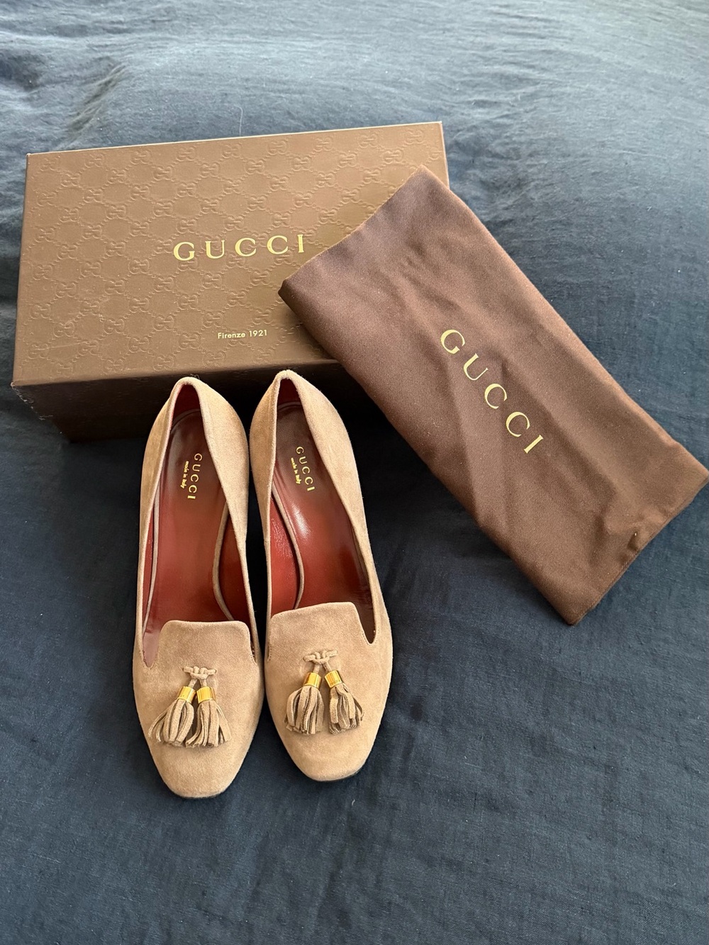 Gucci Beige Suede Tassel Loafers with Gold Accent.  New Tango model